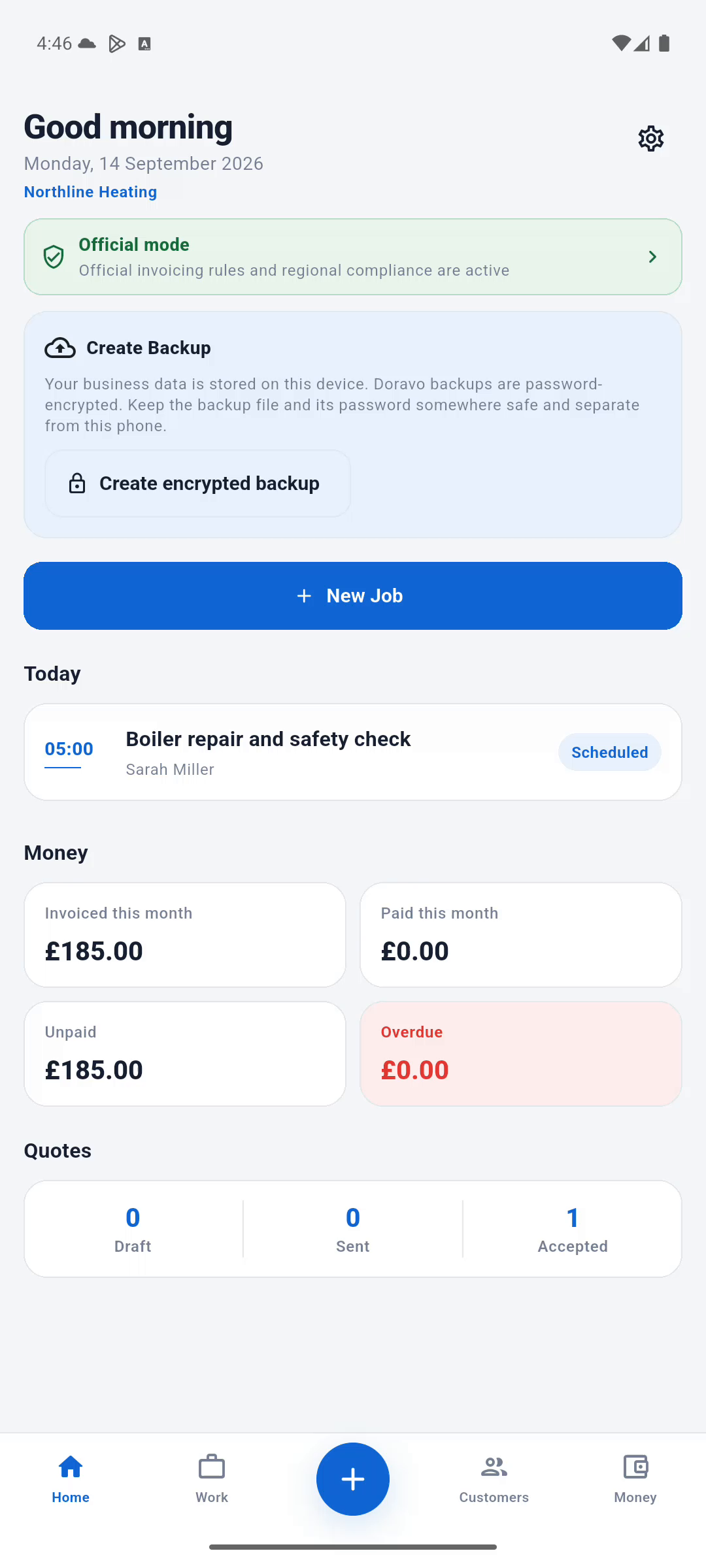 Doravo jobs screen showing amounts in pounds